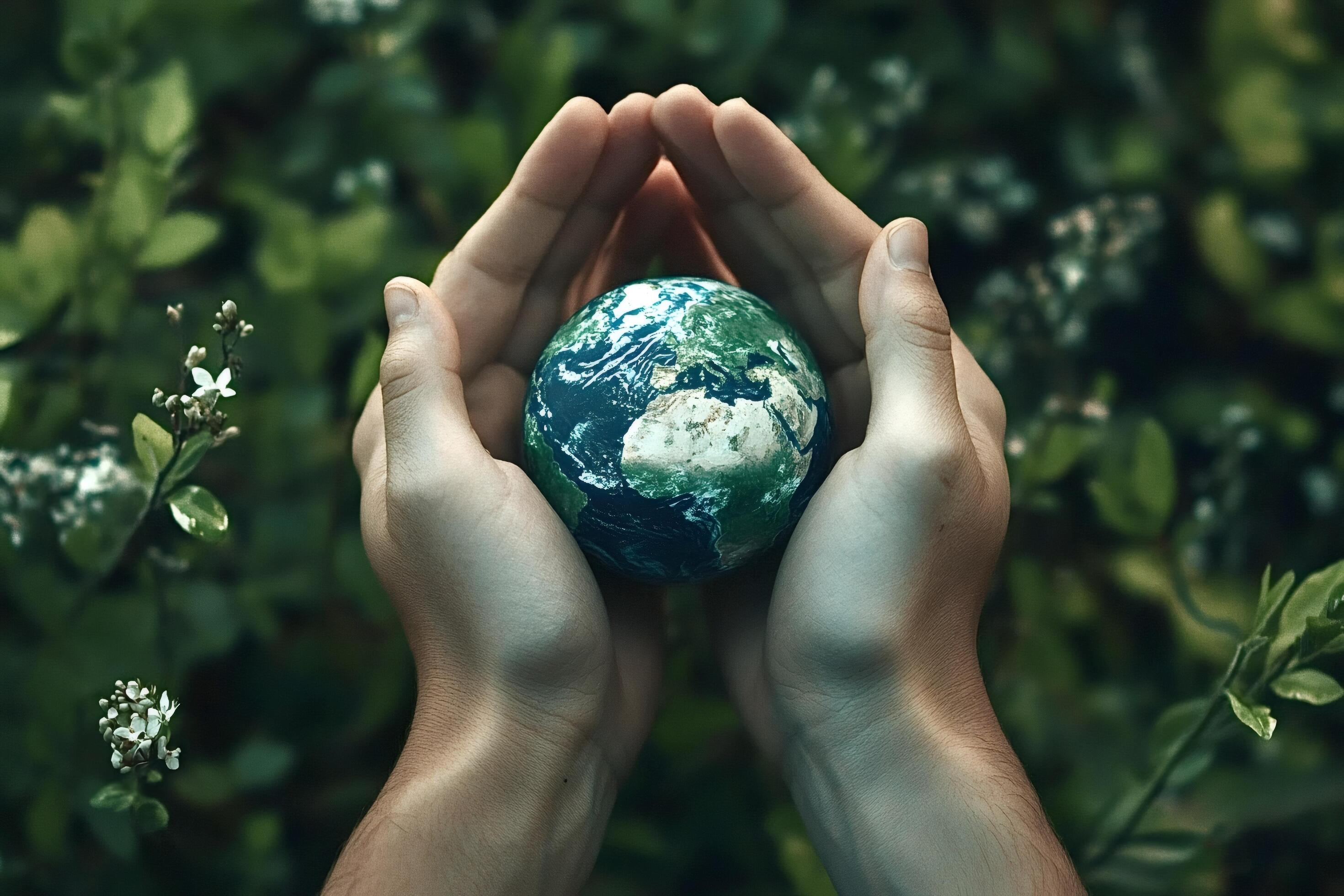 Hands Protecting Planet Earth Globe In Lush Green Environment Free Photo